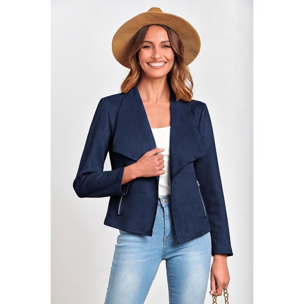 Women's Navy PRETTYGARDEN Faux Suede Jackets Fall Clothes Long Sleeve - Picture 4 of 9